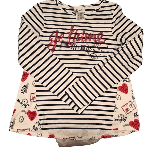 Disney Parks Kids Striped Je T’Aime Sequins Travel Nautical Graphic Tee - Picture 1 of 4